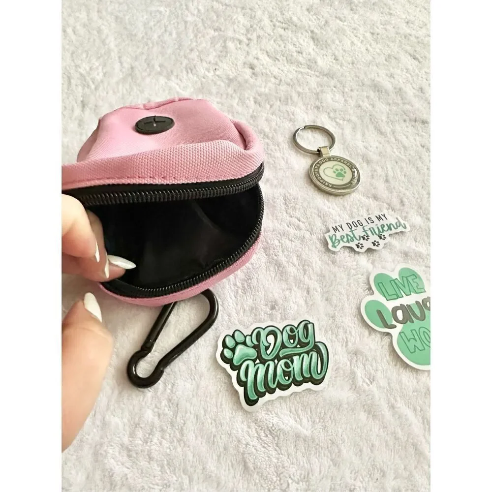 Pink and mint dog poop bag, keychain, pin, and dog stickers